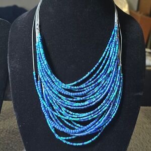 NEW Layered Blue Teal Beaded Statement Necklace Boho Multi Strand aqua turquoise
